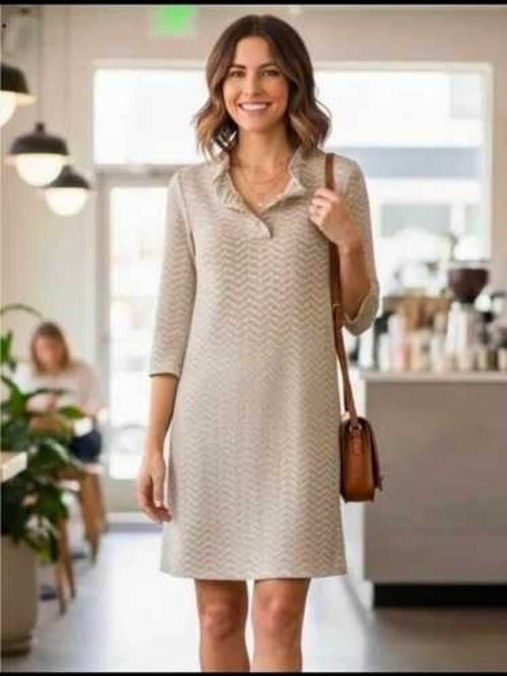 J Mclaughlin Size XS Durham Catalina Collared Chevron Knit Mini Dress in Beige